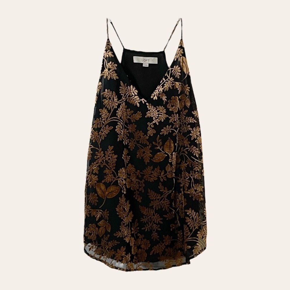 🌺 LOFT Velvet Gold Leaf Black Chiffon Camisole Top Size XS
